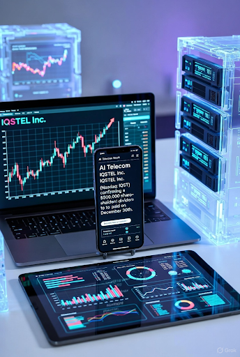 IQSTEL Inc. AI telecom stock visuals showing trading charts, mobile dividend update, and data servers representing IQST's $500,000 shareholder dividend announcement.